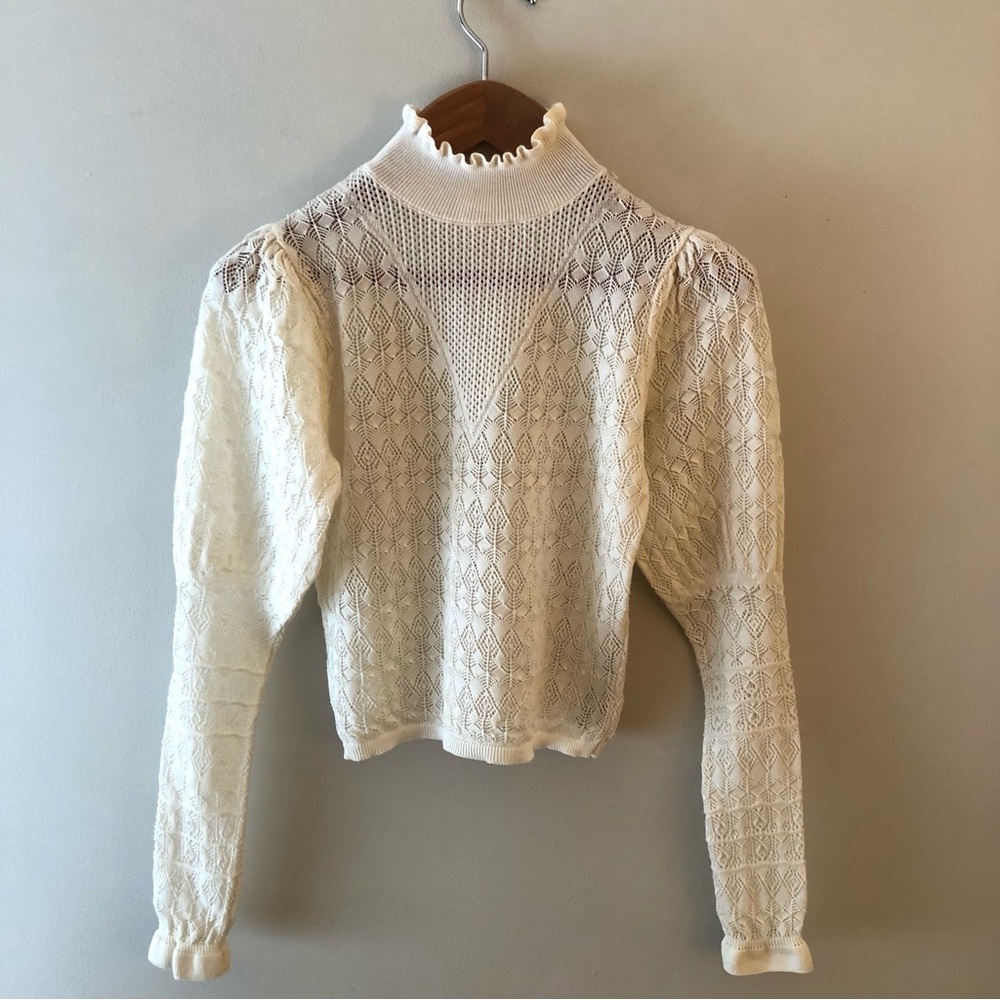 Zara Cream Lace-Knit Ruffled Turtleneck Sweater - Picture 1 of 9